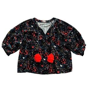 Manoush Velour Velvet Paisley Floral Drawstring Pom Oversized Blouse Size 38